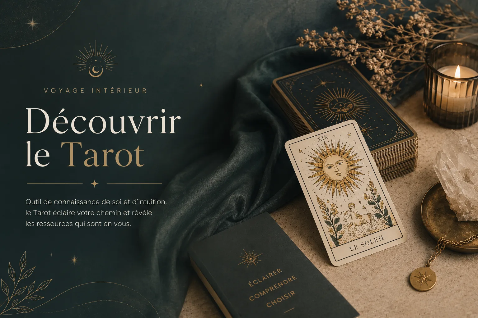 Cartes de tarot, bougie et cristaux dans une ambiance feutrée