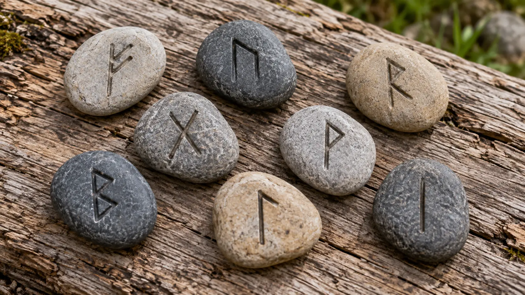 Sept runes gravées sur des galets posés sur un bois flotté